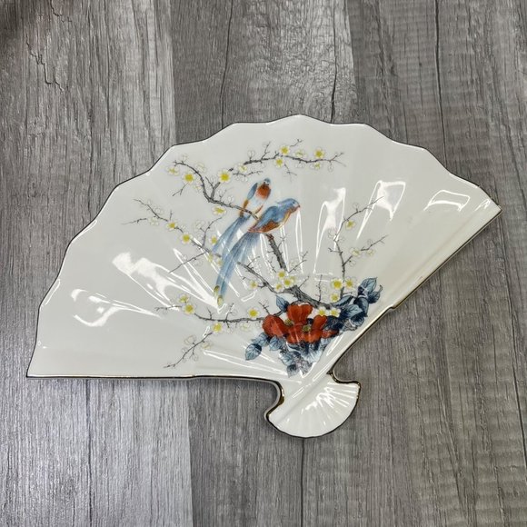 𝅺VINTAGE Bird Branch Floral Fan White Porcelain Trinket Tray Jay Fine China - Picture 2 of 5
